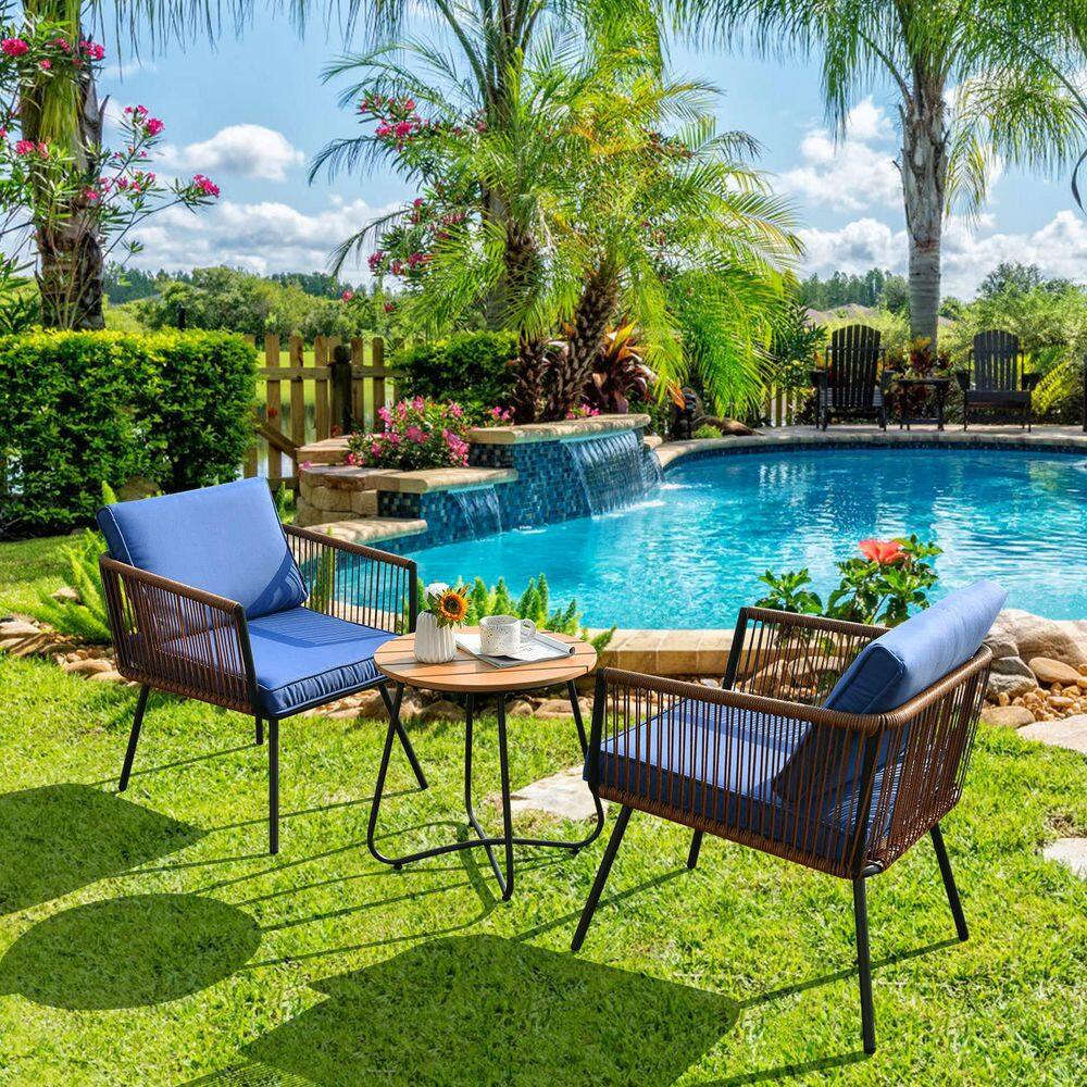 Alpulon Brown 3-Piece Wicker Outdoor Bistro Set with Blue Cushions