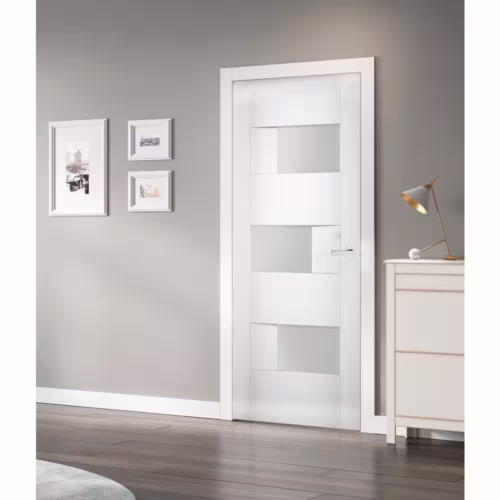 VDOMDOORS 30 in. x 80 in. Universal Frosted Glass Solid MDF White Finished Pine Wood Interior Door Slab with Hardware