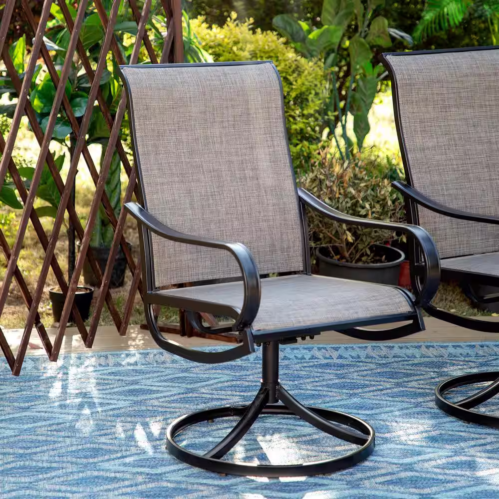 None Black 8-Piece Metal Rectangle Patio Outdoor Dining Set with Table, Umbrella and Textilene Swivel Chairs