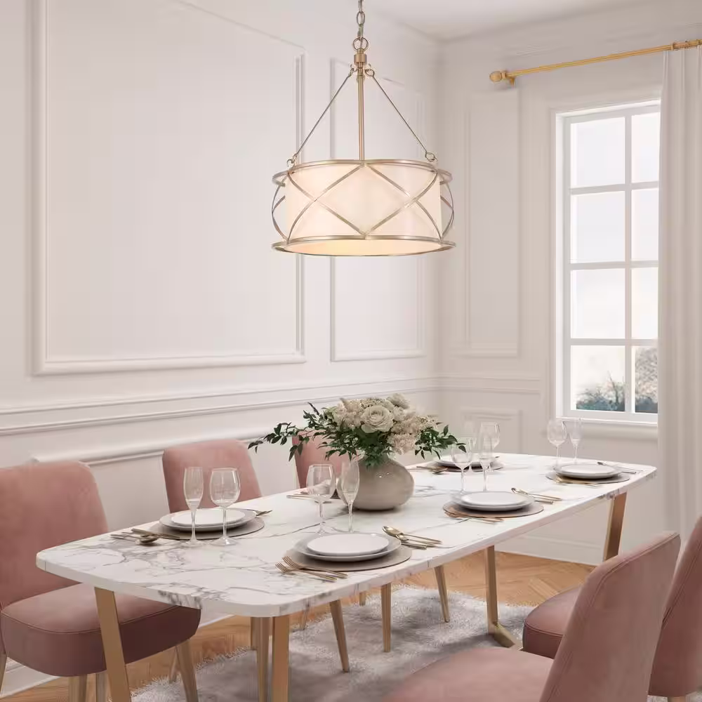 Uolfin Gold Drum Bedroom Chandelier, 3-Light Modern Farmhouse Cage Chandelier Pendant Light with Fabric Shades