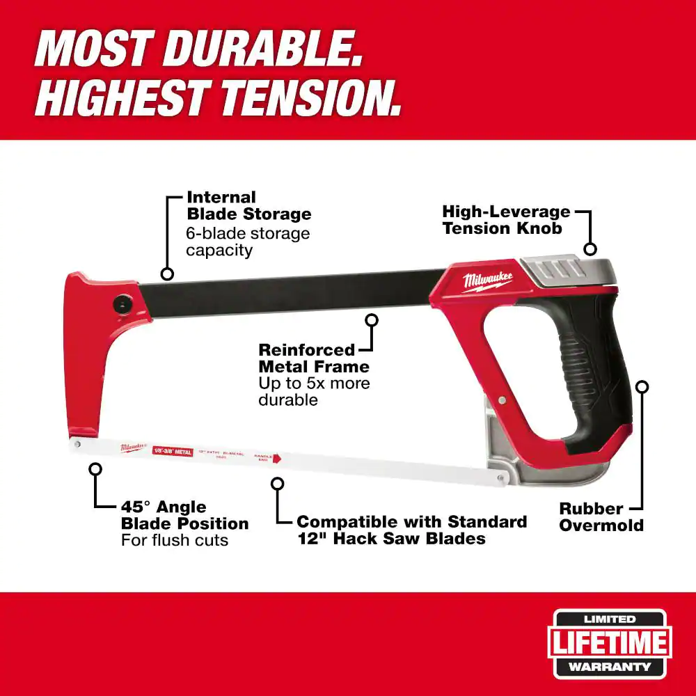 Milwaukee High-Tension Hack Saw with 12 in. 24 TPI Bi-Metal Blade and Blade Storage
