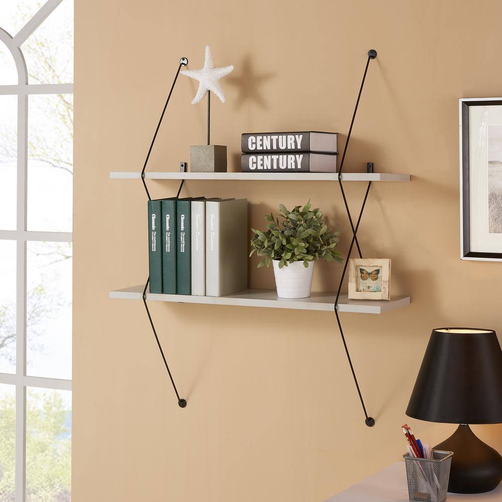 DANYA B Contemporary 31.5 in. W x 38.5 in. H Two Level Grey Shelving System with Black Wire Brackets