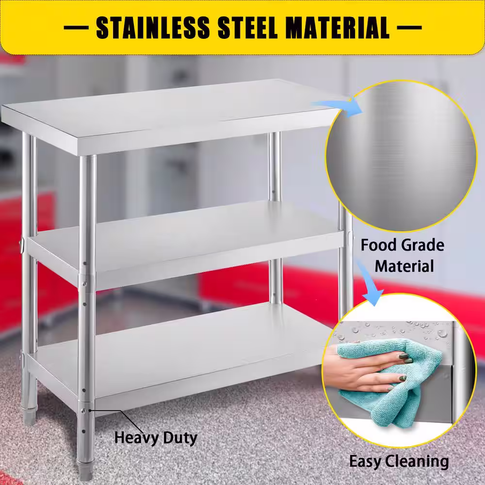 VEVOR Stainless Steel Prep Table 36 x 18 x 34 in. BBQ Prep Table with 2 Adjustable Undershelf Heavy Duty Kitchen Utility Table