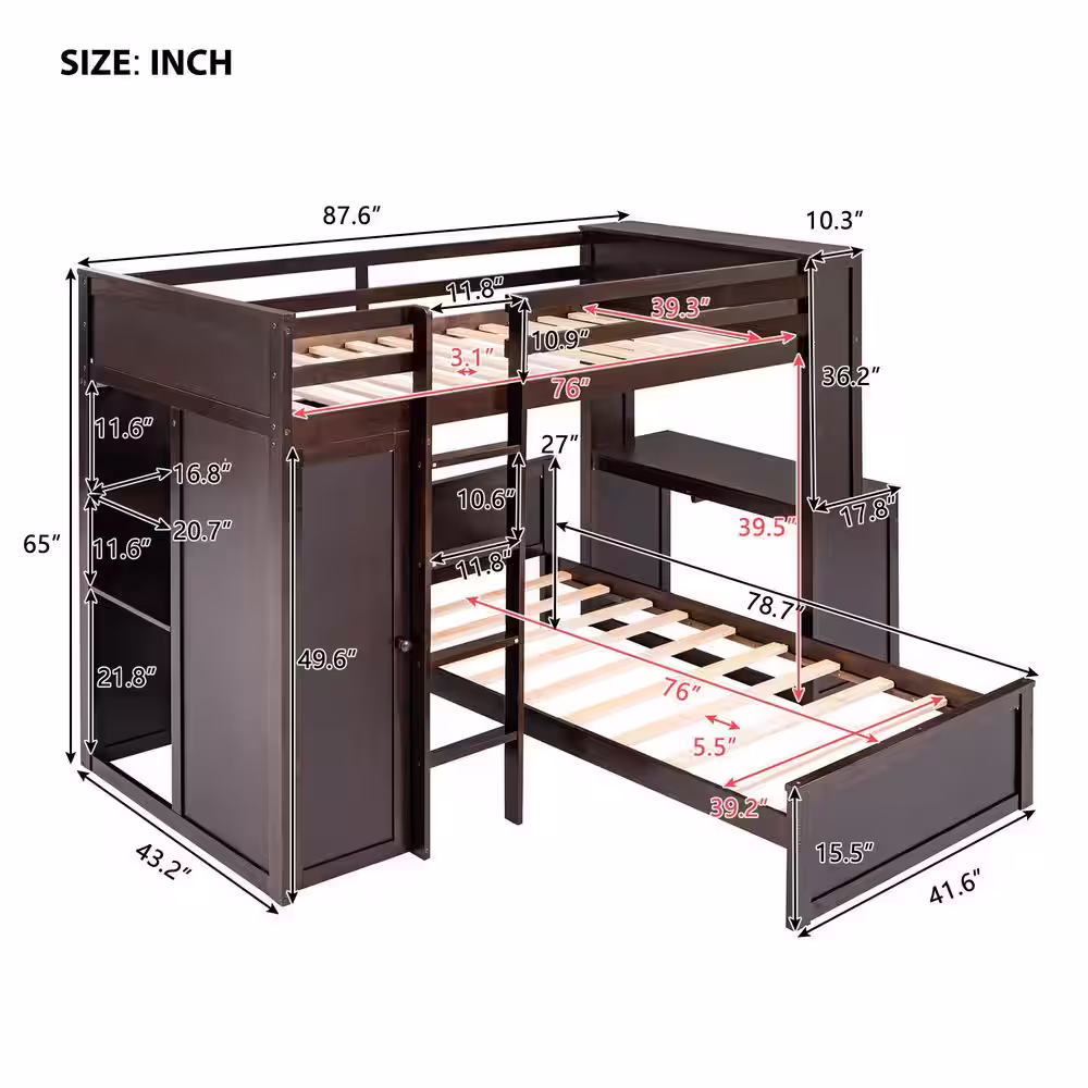 Harper & Bright Designs Espresso Twin Size Wood Bunk Bed with Wardrobe, Shelves, Desk And Drawers