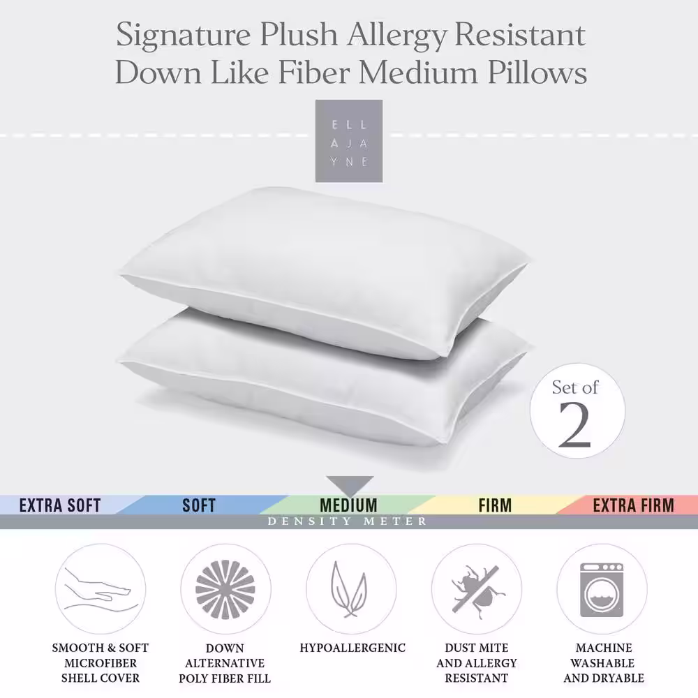 ELLA JAYNE Signature Collection Medium Density Microfiber 220tc Queen Size Pillow Pack of 2