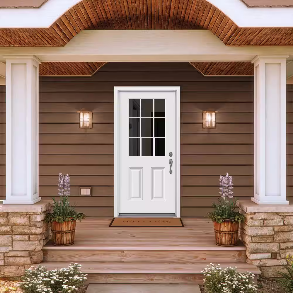 JELD-WEN 36 in. x 80 in. 9 Lite Primed Fiberglass Prehung Front Door with Brickmould