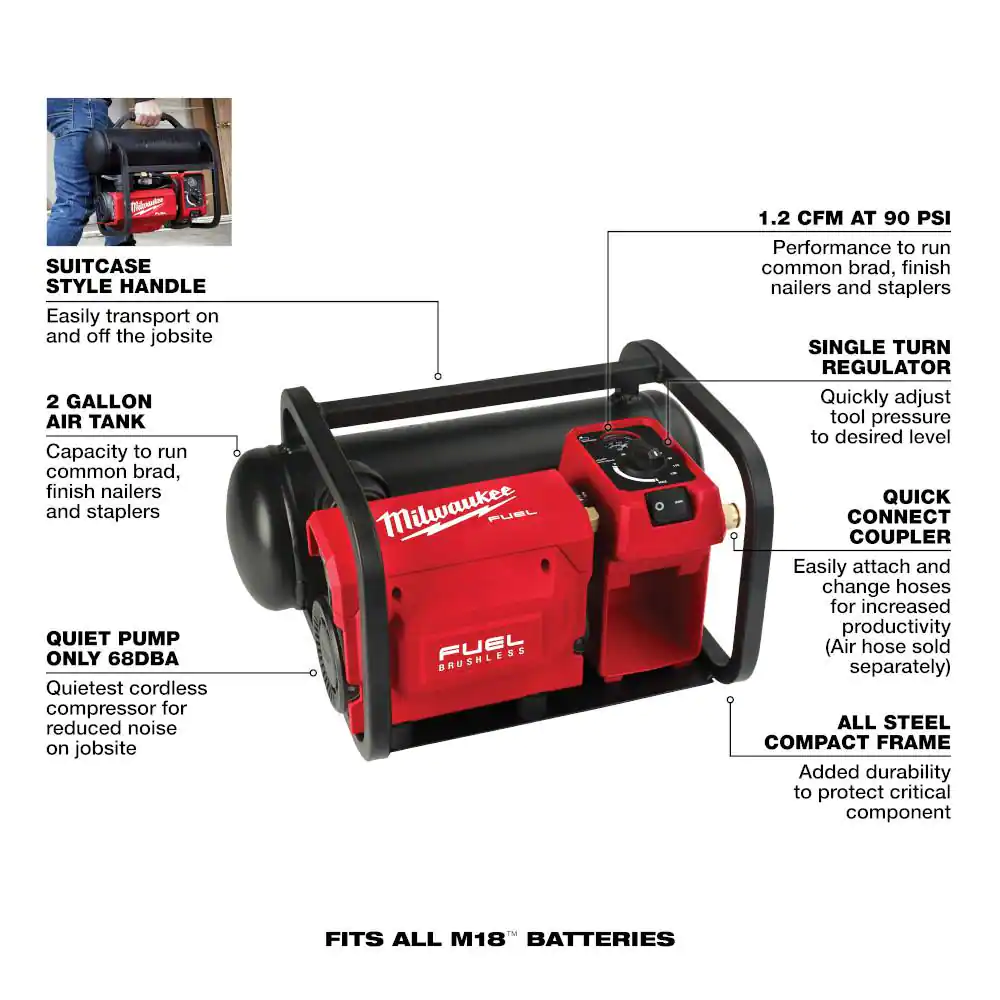 Milwaukee M18 FUEL 18-Volt Lithium-Ion Brushless Cordless 2 Gal. Electric Compact Quiet Compressor Kit W/ 8.0 Ah Battery & Charger