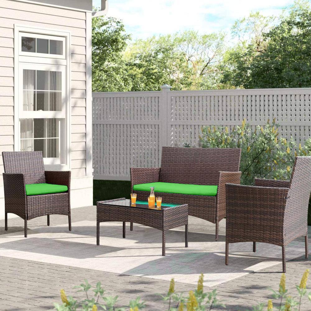 Pyramid Home Decor Alvino 4-Piece Wicker Rattan Outdoor Patio Bistro Furniture Set with Green Cushion