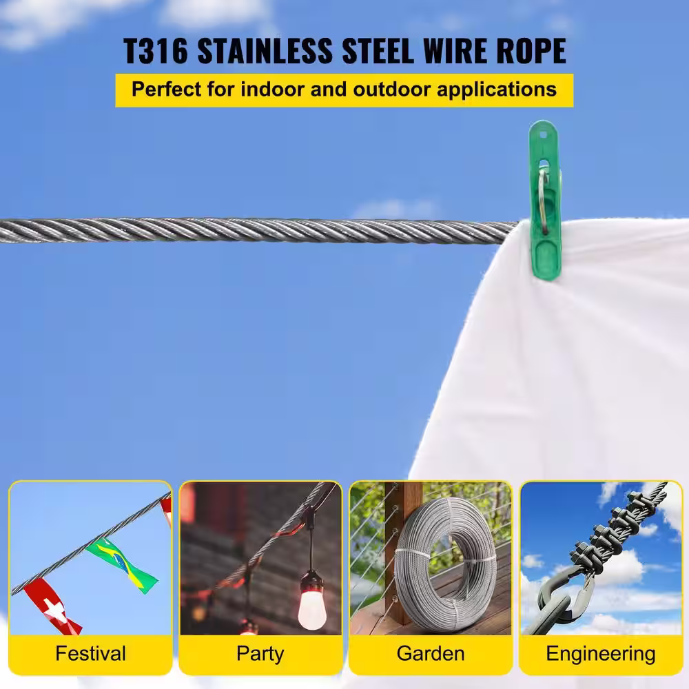 VEVOR Stainless Steel Cable Railing 1/8 in. x 100 ft. Wire Rope 1x19 Strands 316 Marine Grade for Deck Rail Balusters Stair