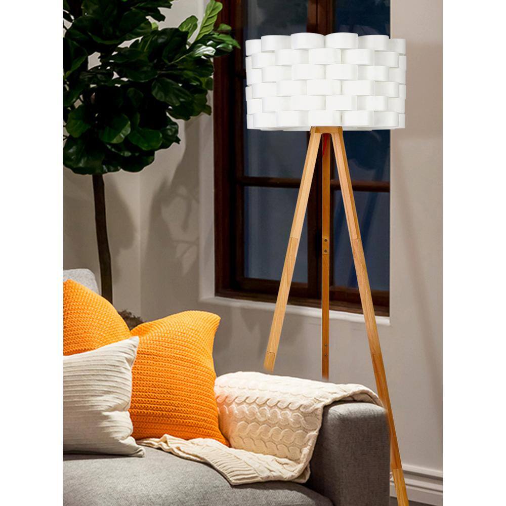 Brightech Bijou 60 in. Natural Wood LED Tripod Floor Lamp with Interlacing Ribbon White Shade