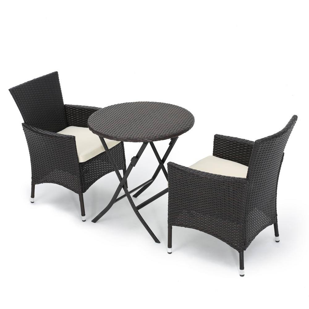 Noble House Malaga Multi-Brown 3-Piece Faux Rattan Round Outdoor Bistro Set with Beige Cushions