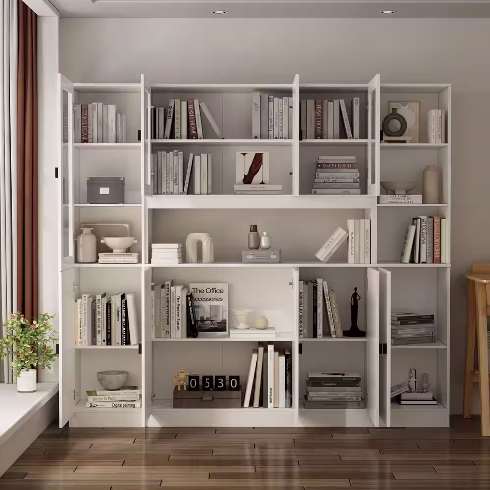 None 78.7 in. W x 12.2 in. D x 70.9 in. H 18-Shelf Wood Standard Bookcase Bookshelf With Glass Doors, Adjustable Shelves