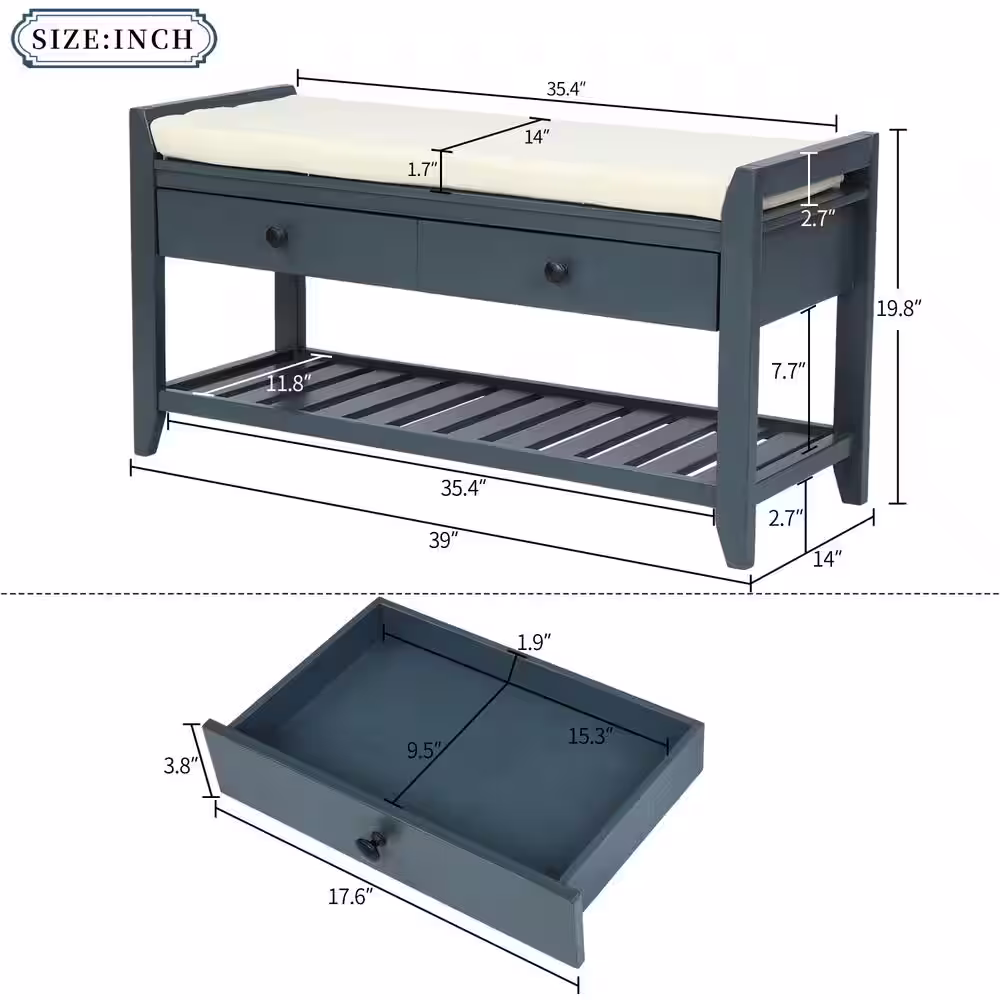 Harper & Bright Designs Entryway Blue Storage Bench with Cushioned Seat, Drawers and Shoe Rack 19.8 in. H x 39 in. W x 14 in. D
