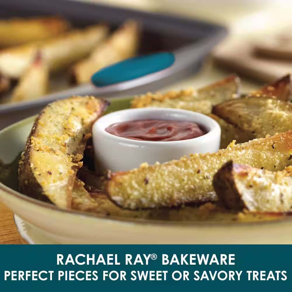 Rachael Ray 5-Piece Set Yum-o! Nonstick Oven Lovin' Bakeware Set, Gray with Marine Blue Handles